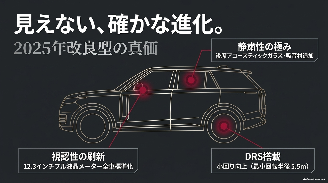 レクサスRXの2025年改良で追加されたDRSや静粛性向上、12.3インチ液晶メーターを示した図