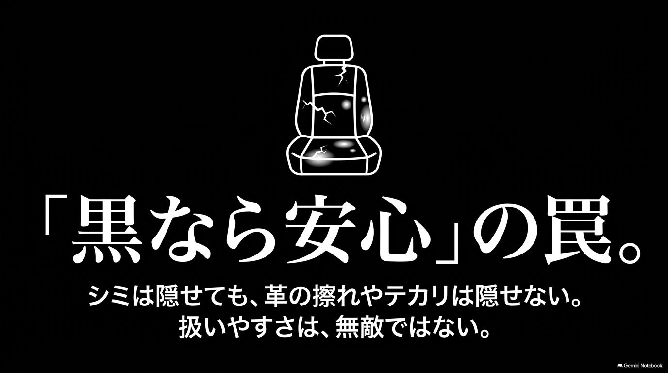 ブラック内装でも革の擦れやテカリ、傷は隠せず査定で状態が重要になることを示す図