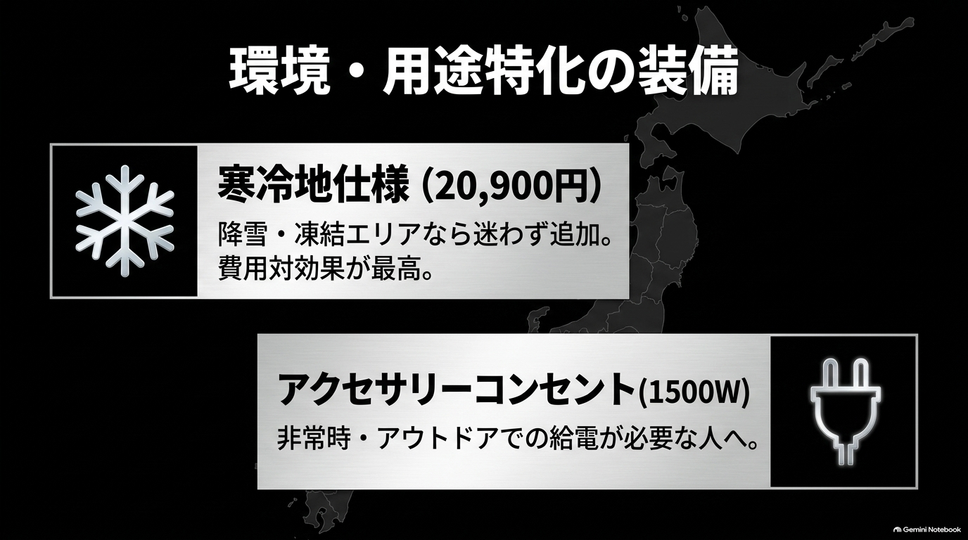 レクサスRXの寒冷地仕様と1500Wアクセサリーコンセントを利用環境と用途別に紹介した図