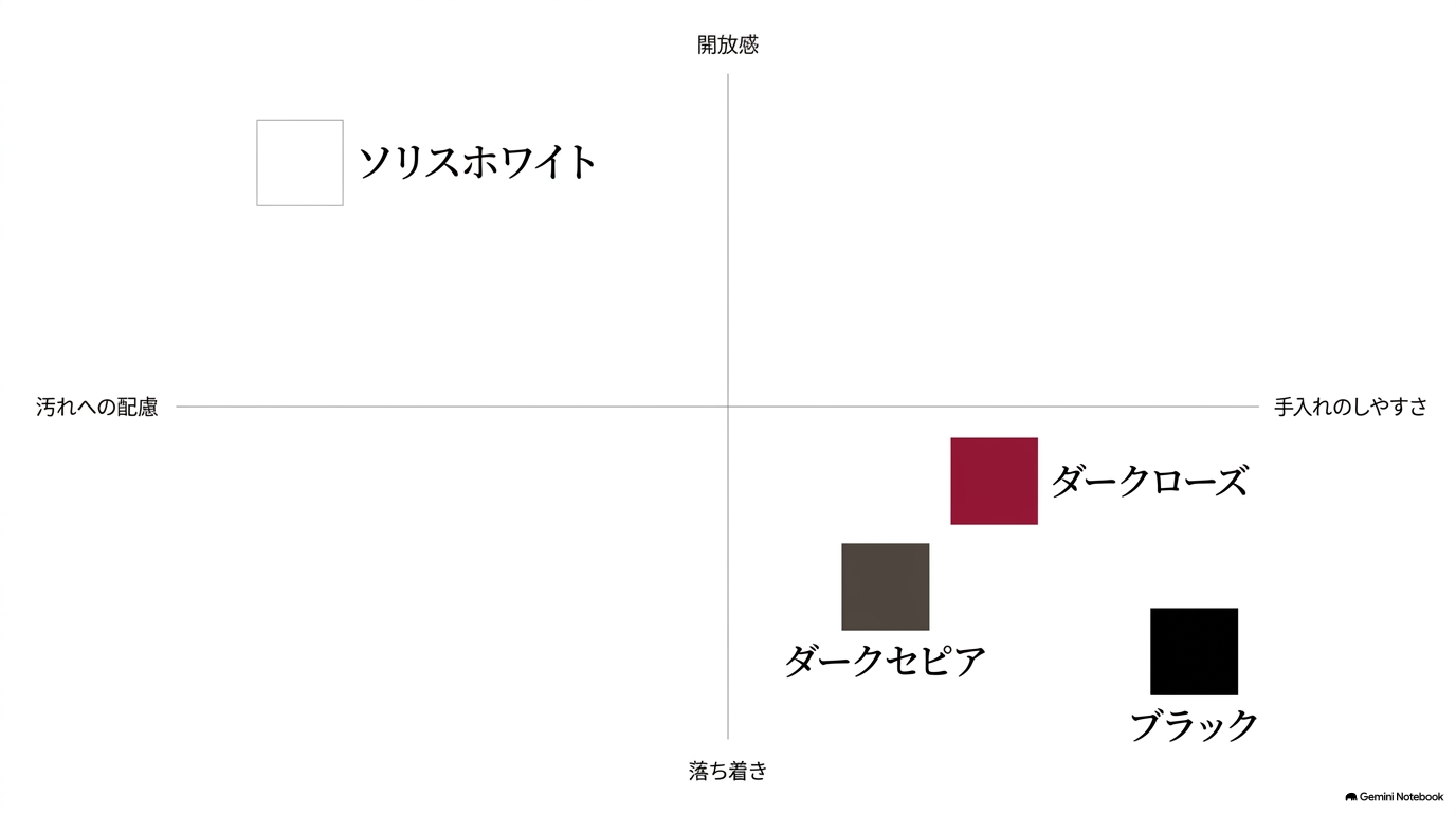ソリスホワイト、ダークローズ、ダークセピア、ブラックを開放感・落ち着き・手入れのしやすさで比較した図
