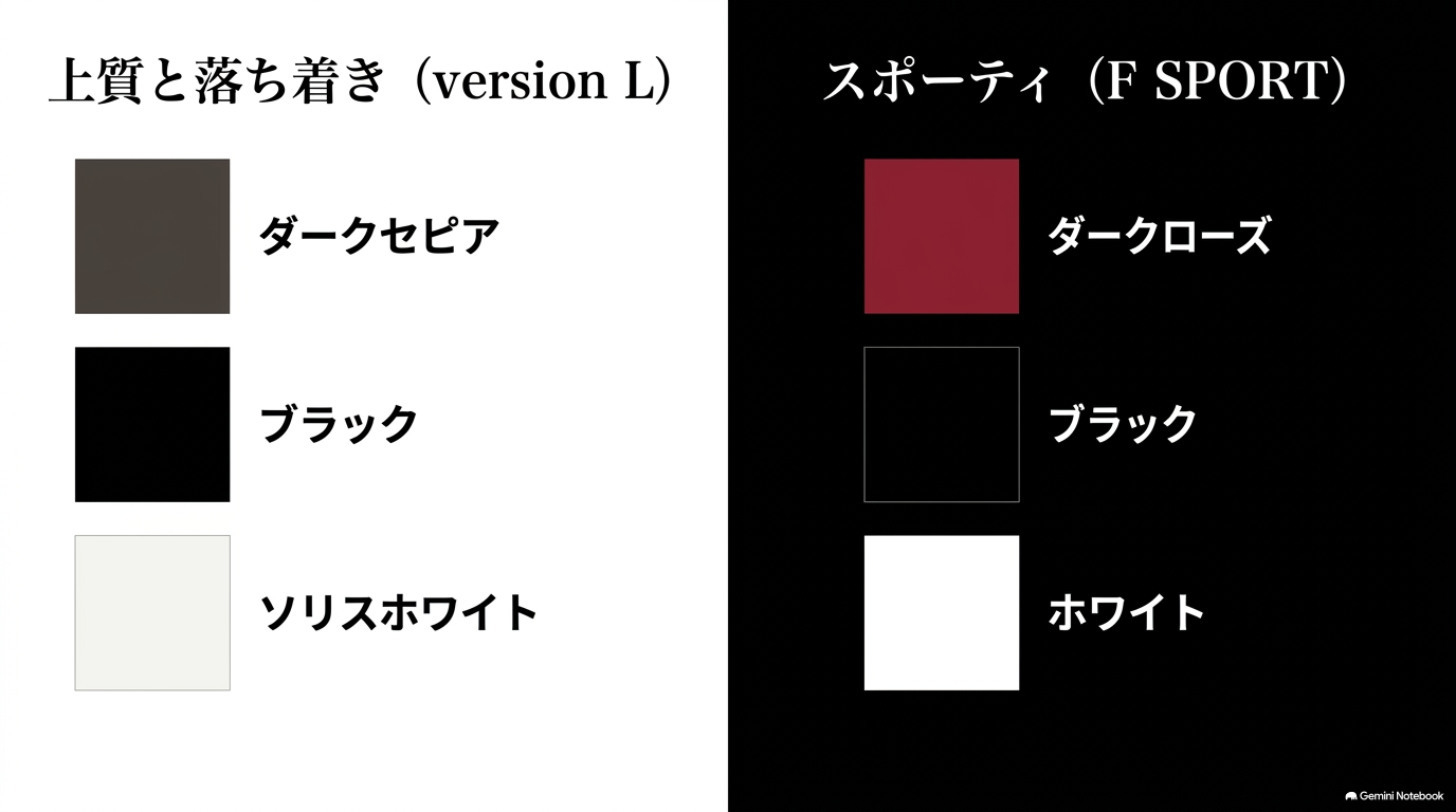 レクサスRXのversion LとF SPORT系で選べる内装色の比較