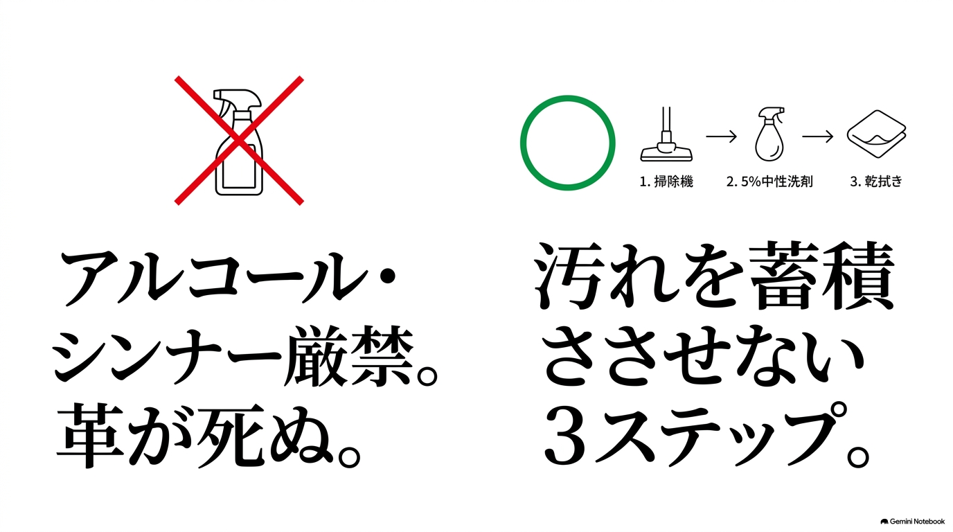 レクサスRXの本革シートを掃除機、中性洗剤、乾拭きで手入れする3ステップとアルコール使用禁止の注意