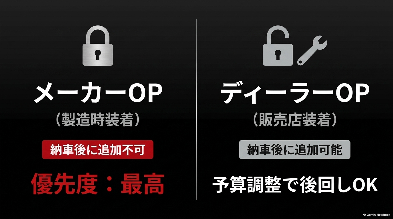 レクサスRXのメーカーオプションとディーラーオプションの違い、後付け可否と優先順位を比較した図