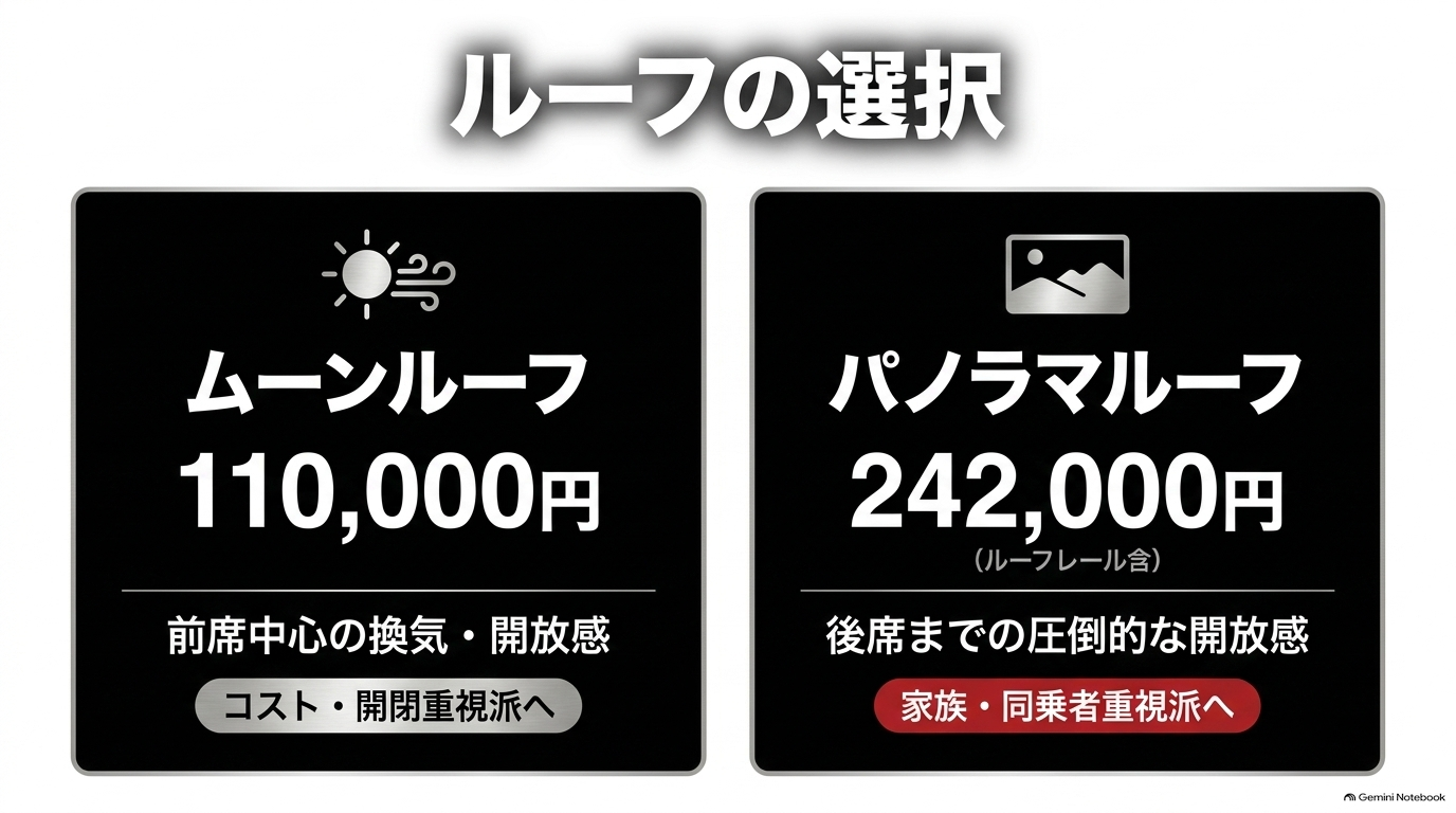 レクサスRXのムーンルーフ11万円とパノラマルーフ一式24万2千円を価格と開放感で比較した図
