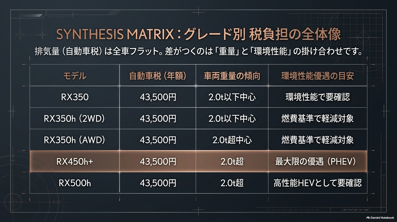 RX350・RX350h・RX450h+・RX500hの自動車税、重量区分、環境性能による税制優遇を比較