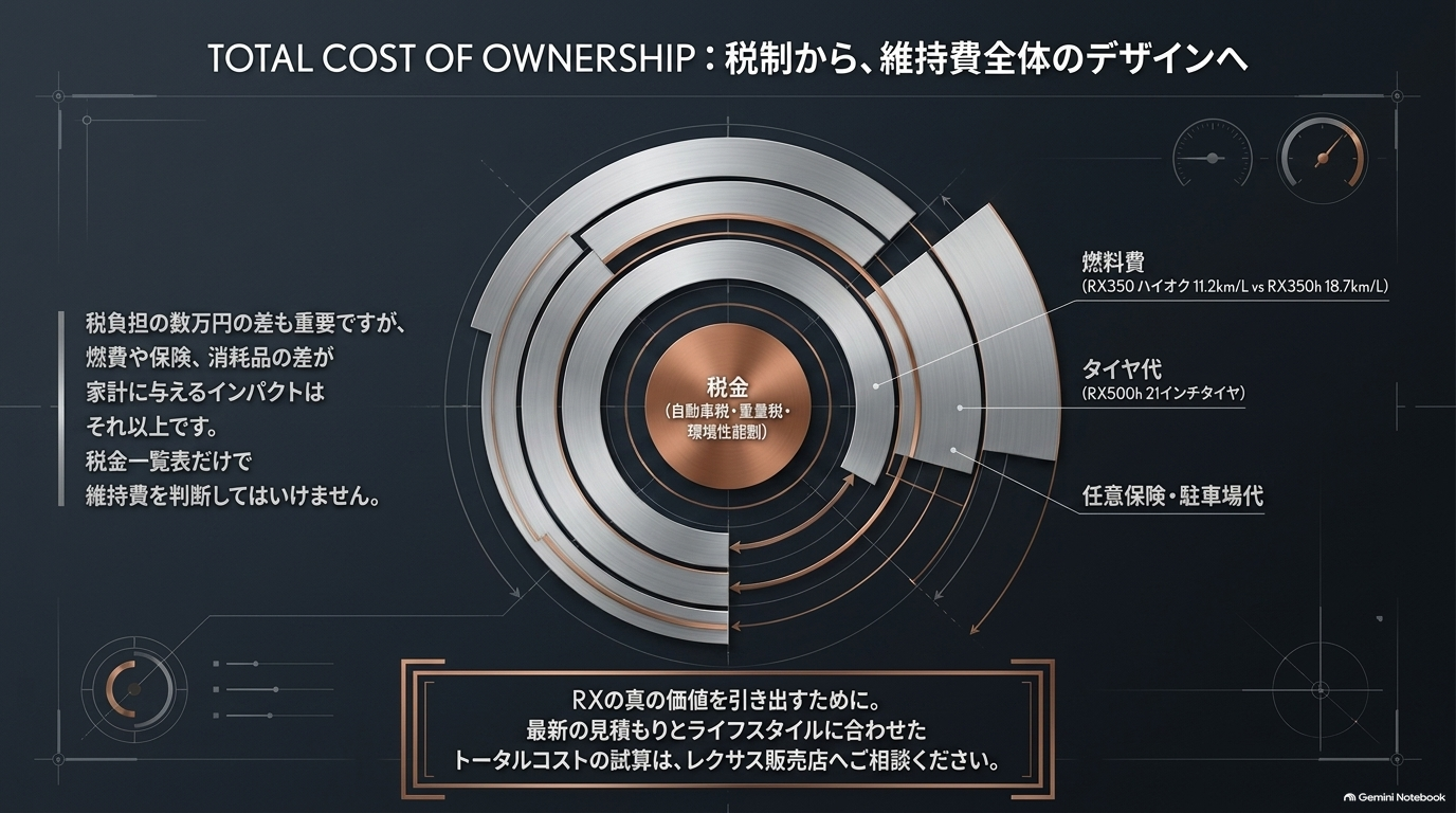 レクサスRXの所有費を税金だけでなく燃料費・タイヤ代・任意保険・駐車場代まで含めて考える図