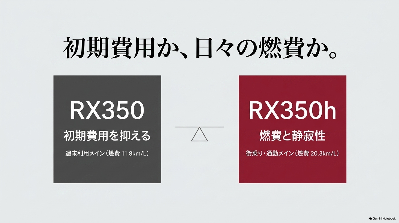 レクサスRX350とRX350hを初期費用・燃費・使い方で比較
