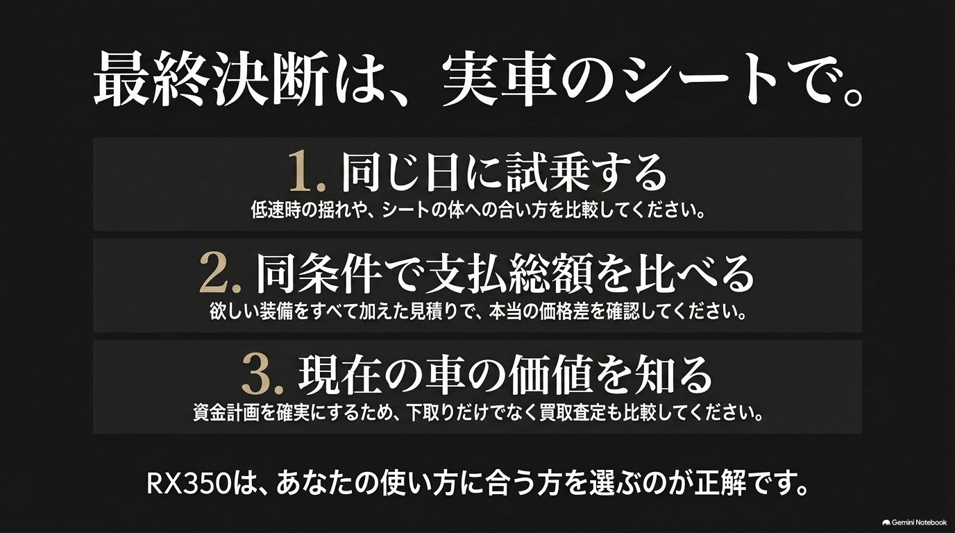 RX350選びで同日に試乗し支払総額を比較し現在の愛車の査定価値も確認する3ステップ