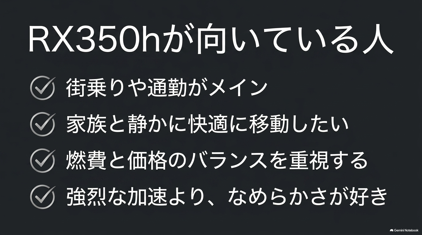 街乗りや通勤、燃費と価格のバランスを重視する人に向くRX350h