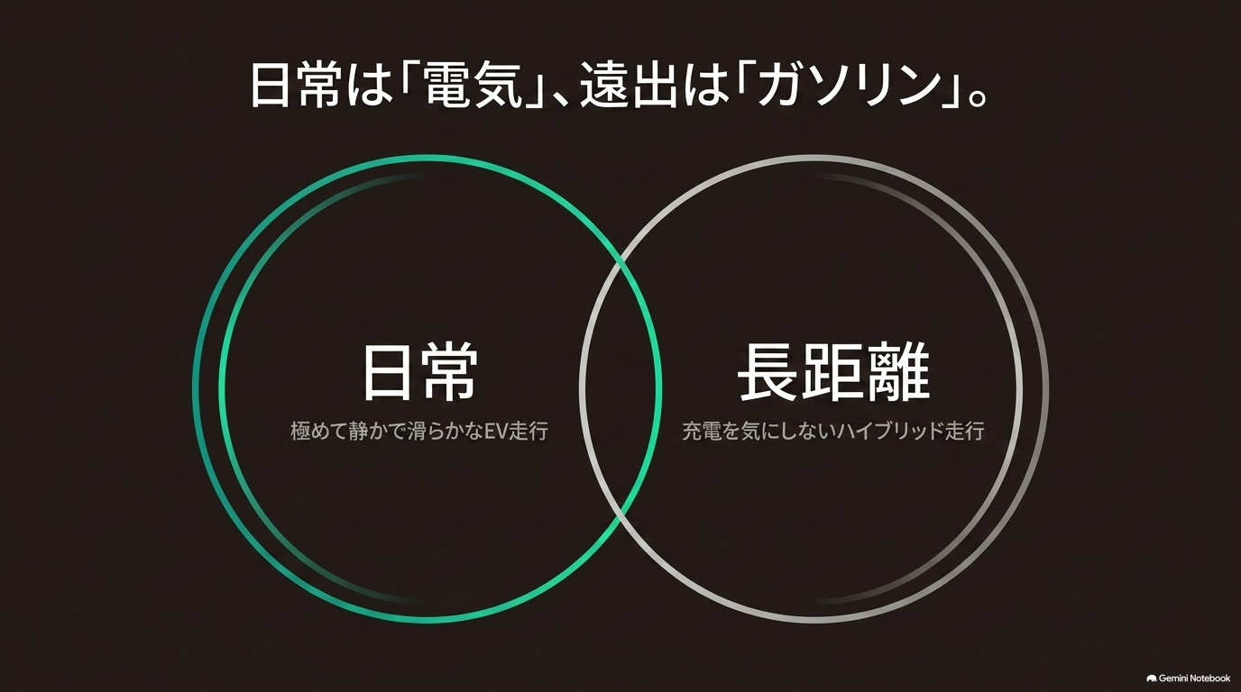 RX450h+の日常はEV走行、長距離はハイブリッド走行という使い分けを示した図