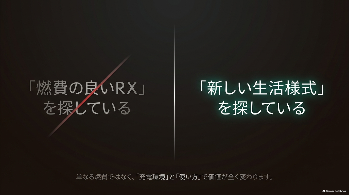 RX450h+は燃費だけでなく充電環境と使い方によって価値が変わることを示した図