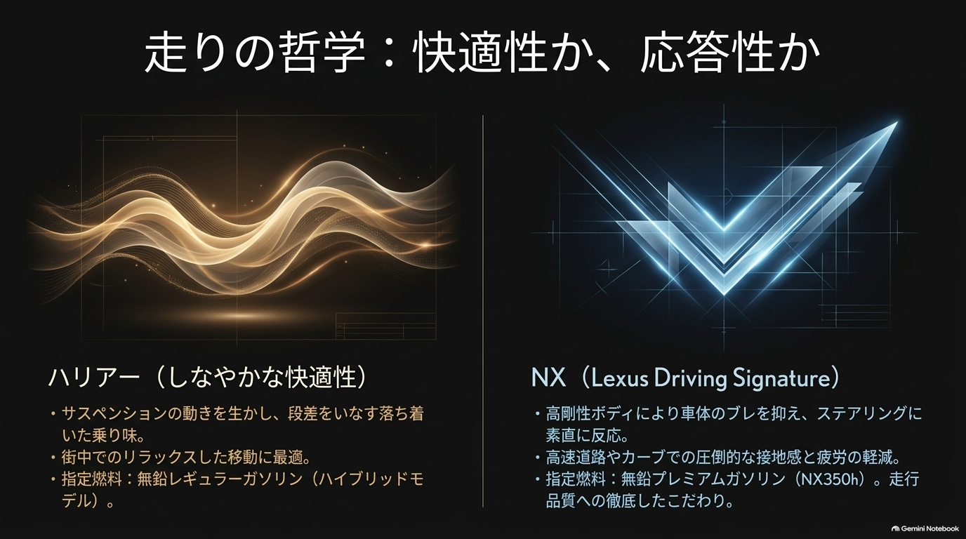 ハリアーのしなやかな乗り心地とレクサスNXの高い応答性・走行性能を比較