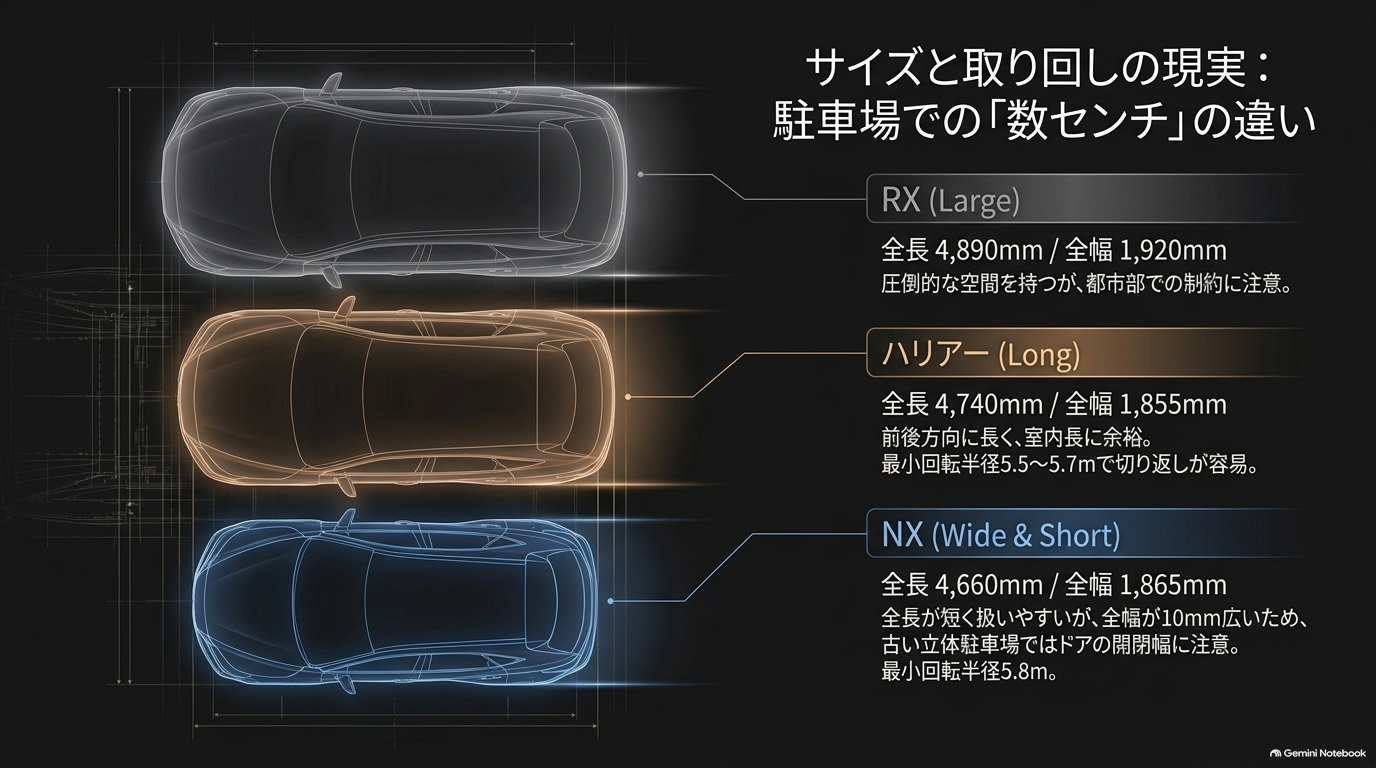 レクサスNX・RX・ハリアーの全長・全幅と駐車場での取り回しを比較