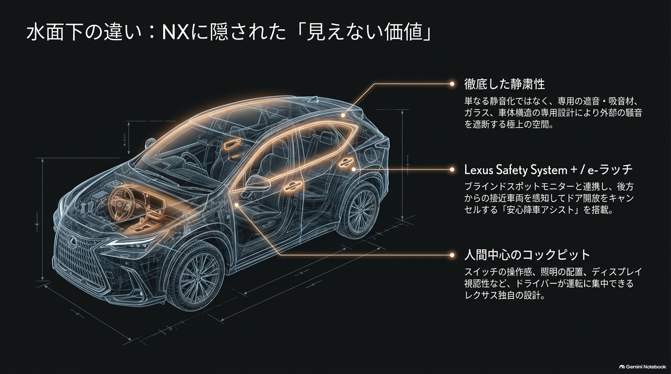レクサスNXの静粛性、Lexus Safety System+、e-ラッチ、コックピット設計を解説