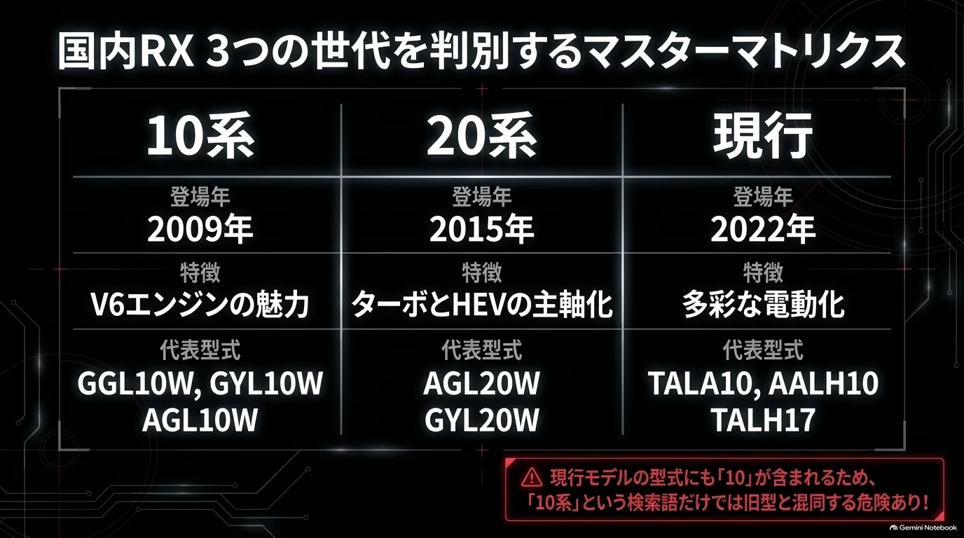 レクサスRXの国内10系2009年、20系2015年、現行2022年の代表車両型式と特徴を示す比較表