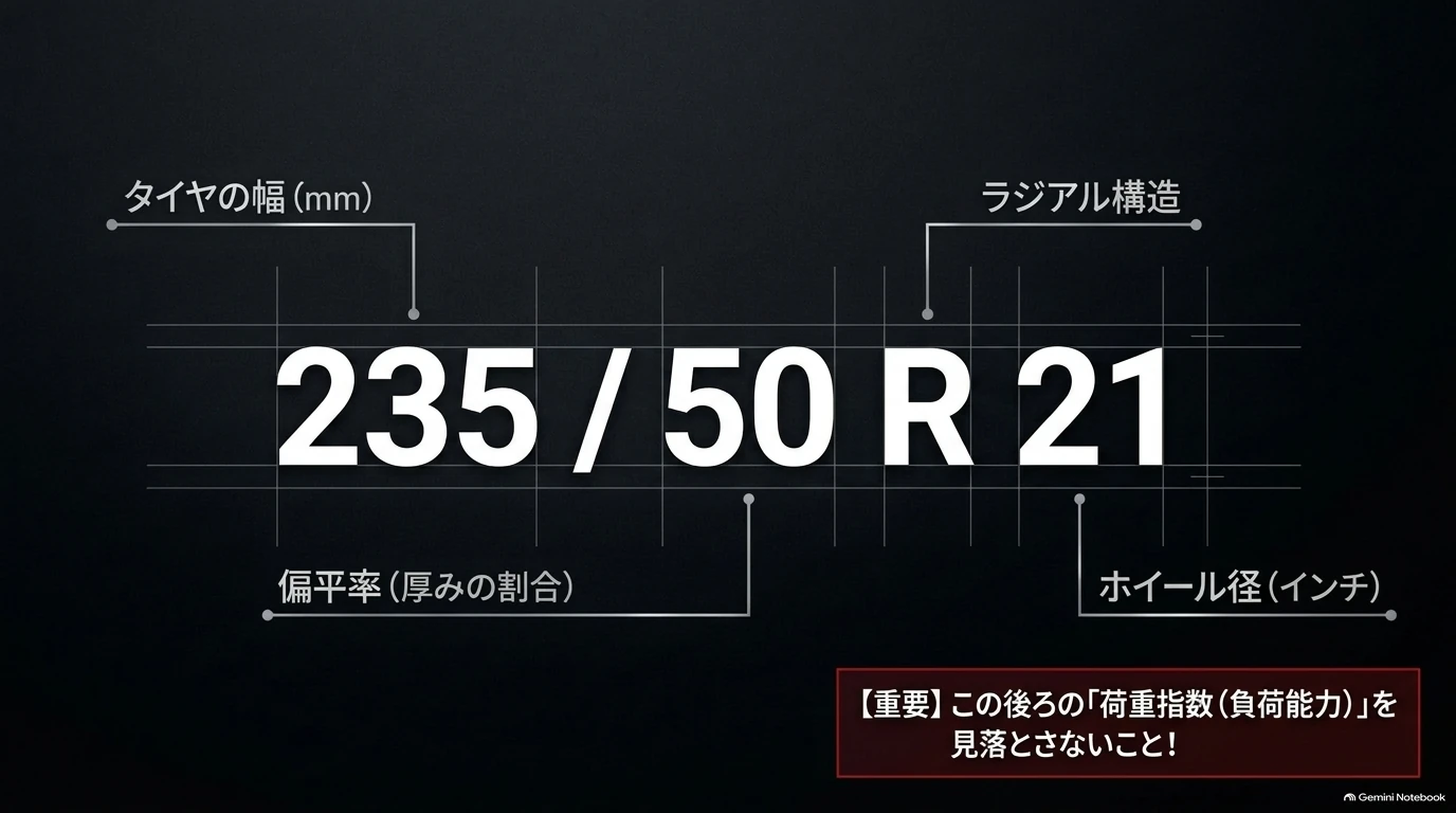 タイヤサイズ235/50R21の幅235mm、偏平率50％、ラジアル構造R、21インチのリム径と荷重指数の確認を示す図