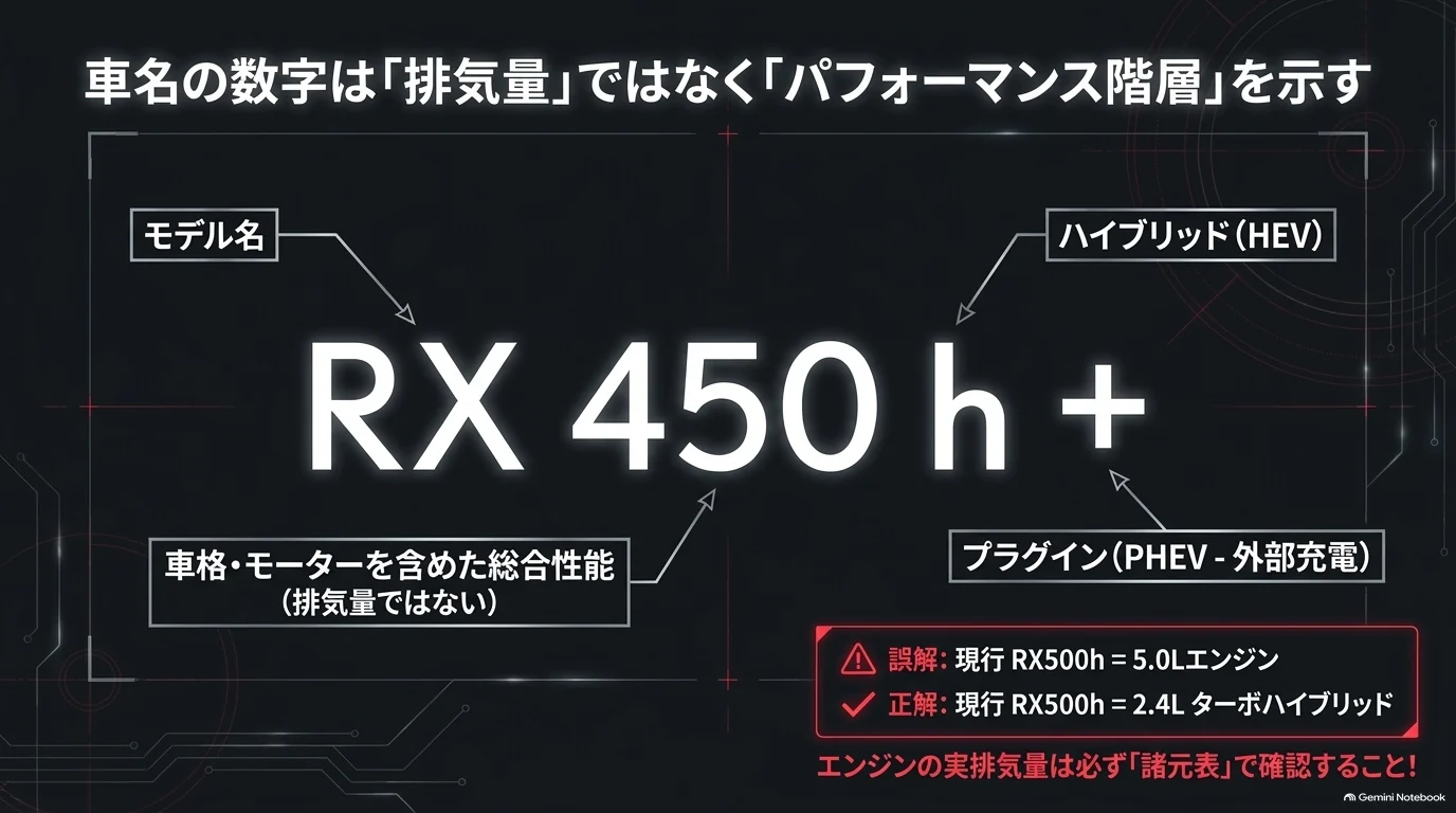 レクサスRX450h+の450は排気量を直接表さず、hはハイブリッド、プラスはプラグインハイブリッドを示すと説明した図
