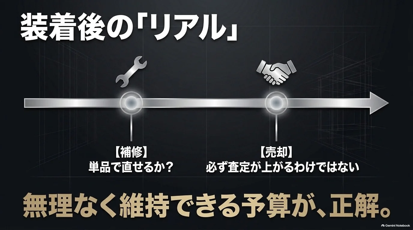 レクサスRXのエアロは傷の補修や部品交換などの維持費が必要で、売却時も必ず査定額が上がるわけではないことを説明する図