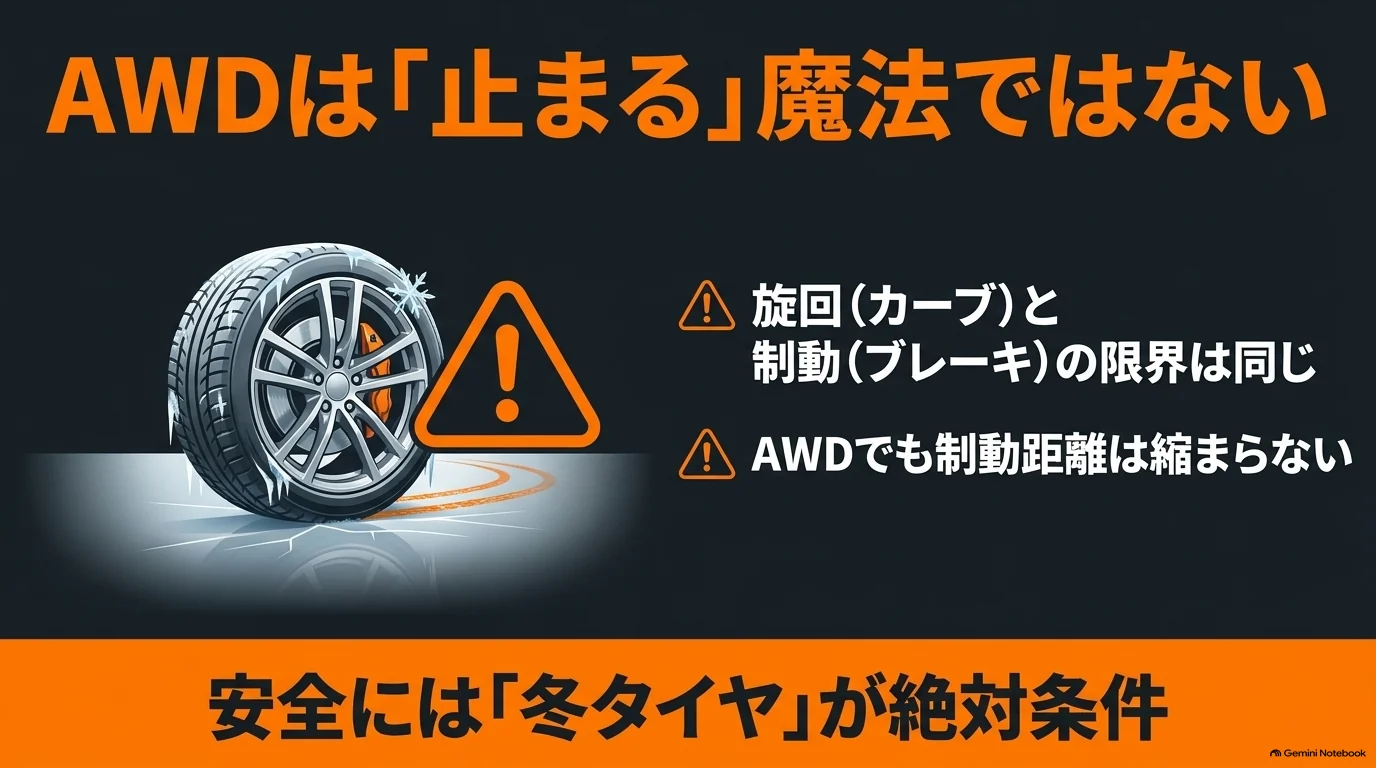 レクサスRXのAWDでも凍結路面でのブレーキやカーブに限界があり、冬タイヤと安全運転が必要であることを示した注意図