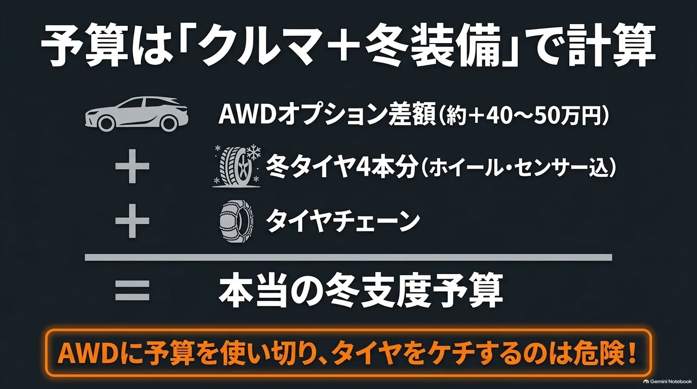 レクサスRXのAWDを選ぶ際に車両価格差、冬タイヤ4本、ホイールやセンサー、タイヤチェーンまで含めて冬の予算を考える図