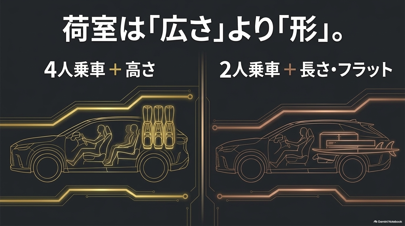 RXは4人乗車時の高さ、クラウンエステートは2人乗車時の長くフラットな荷室という使い方の違い
