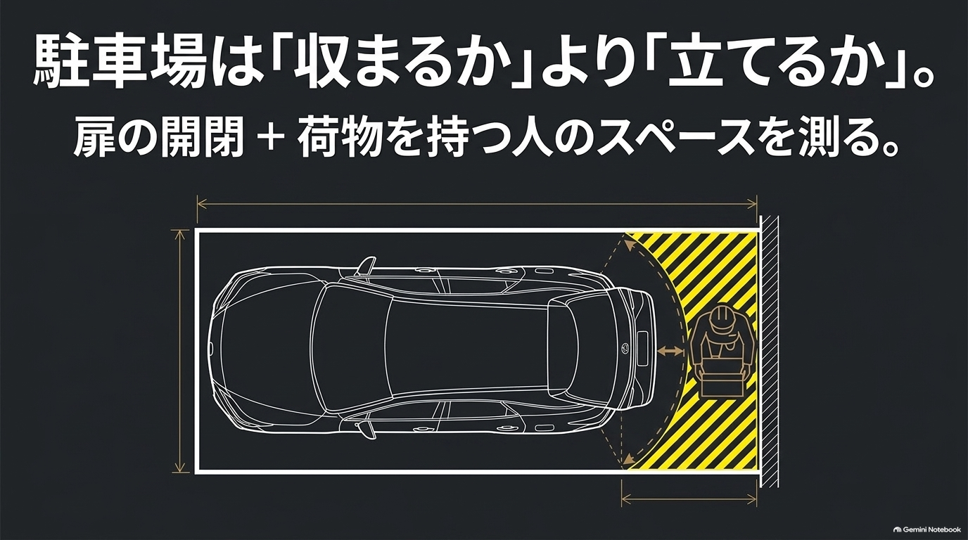 駐車場では車体寸法だけでなくバックドア開閉と荷物を持つ人のスペースも確認