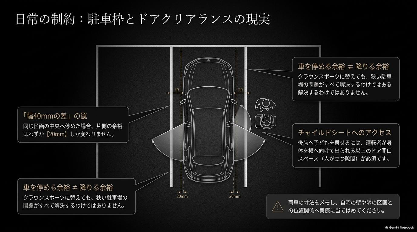 レクサスRXとクラウンスポーツの車幅差と駐車場でのドア開閉スペースを比較