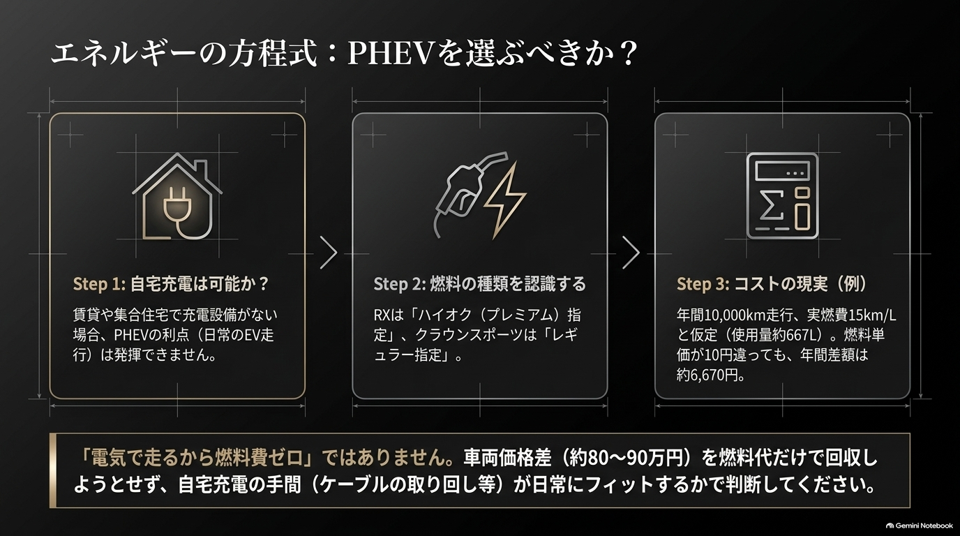 レクサスRXとクラウンスポーツでPHEVを選ぶ際の充電環境と燃料コストの判断基準