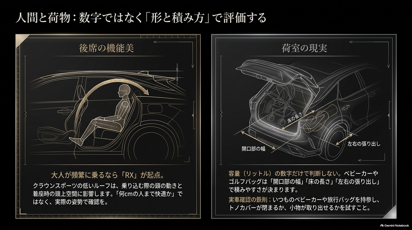 レクサスRXとクラウンスポーツの後席の乗りやすさと荷室の積載性を比較