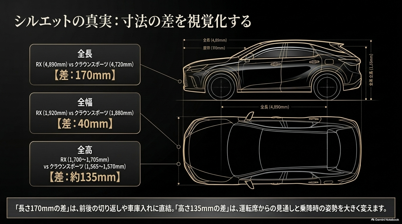 レクサスRXとクラウンスポーツの全長・全幅・全高のサイズ差を比較