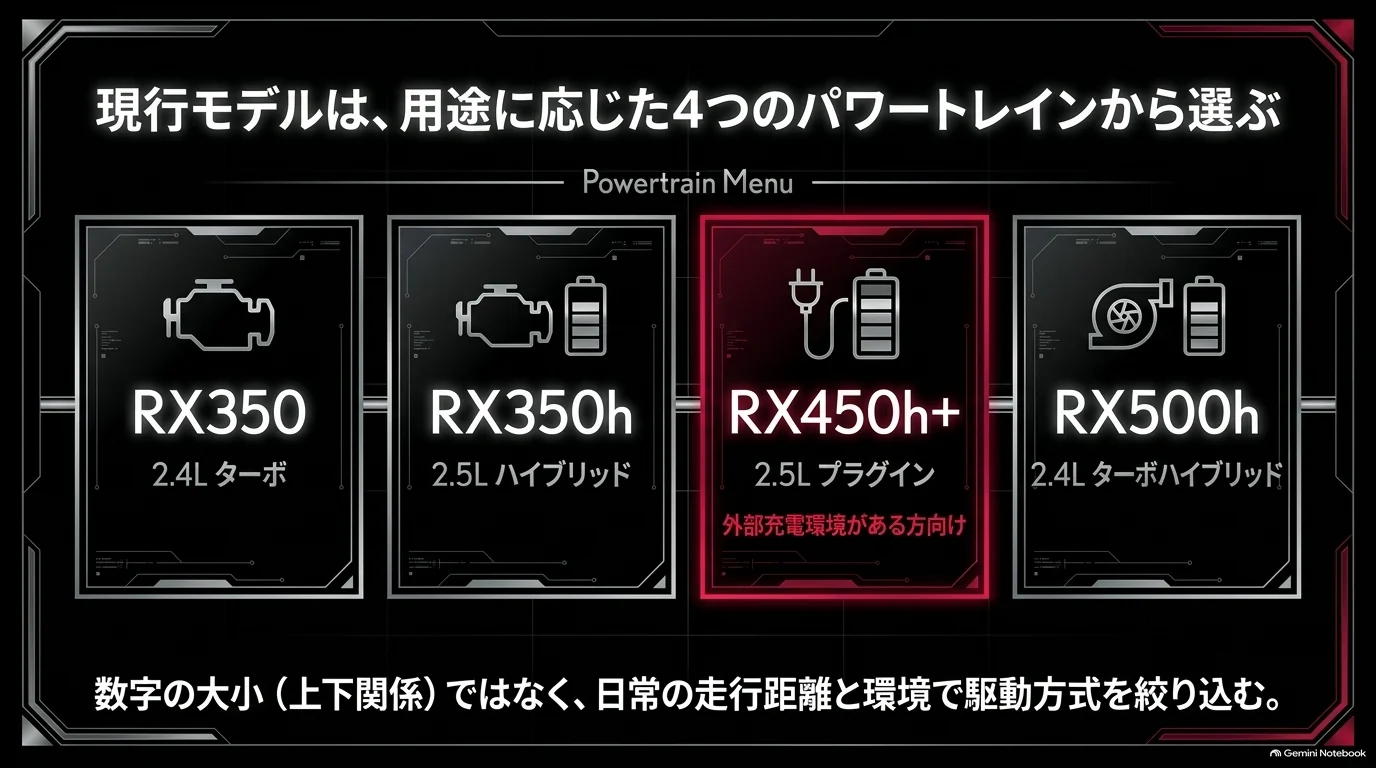 現行レクサスRXのRX350は2.4Lターボ、RX350hは2.5Lハイブリッド、RX450h+は2.5L PHEV、RX500hは2.4Lターボハイブリッドを示す図