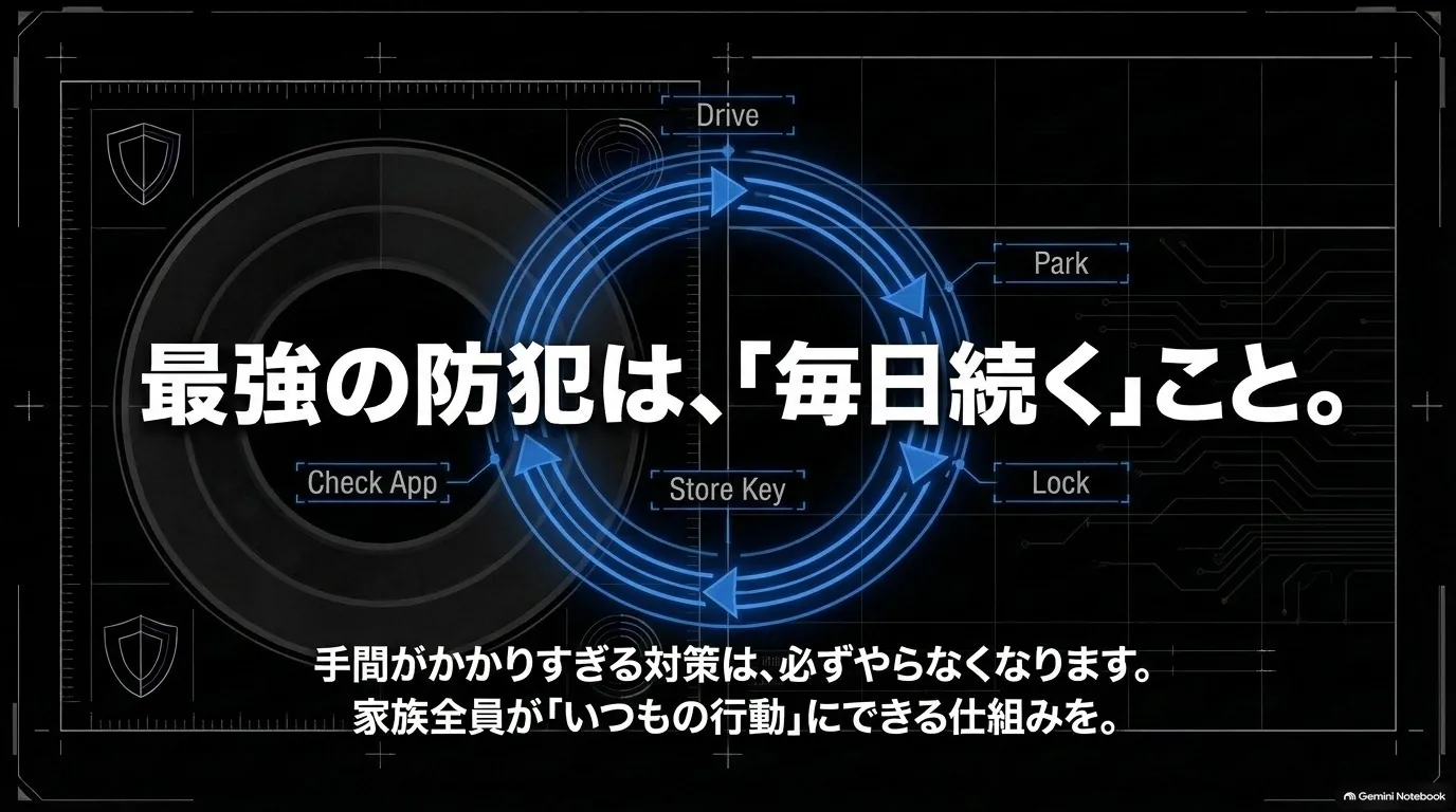 レクサスRXの防犯を毎日続けるための施錠、駐車、スマートキー保管、アプリ通知確認の習慣を示す図