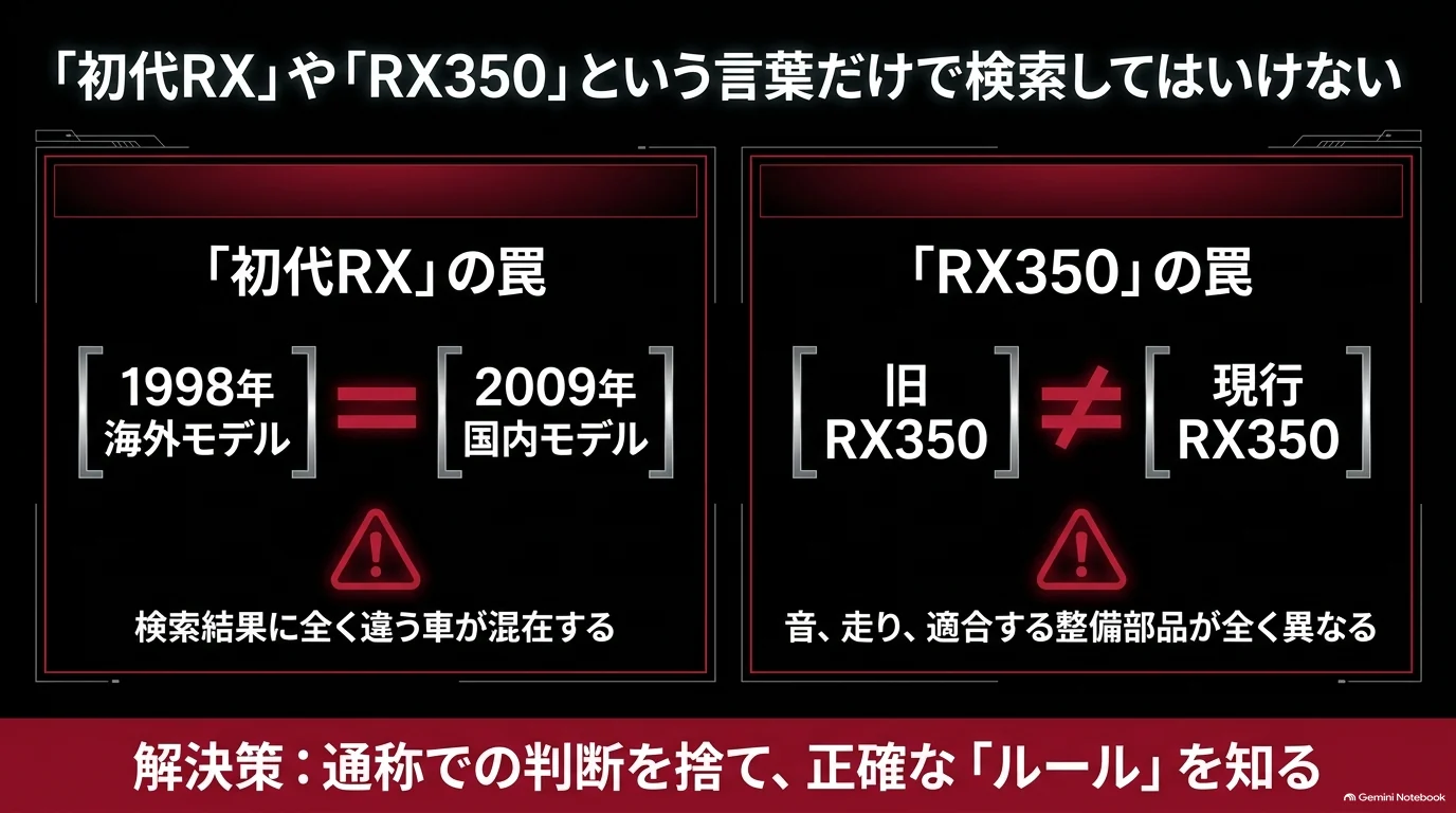 レクサスRXの世界初代は1998年、国内でレクサスRXとして登場した初代は2009年で、初代の意味が異なることを注意する図