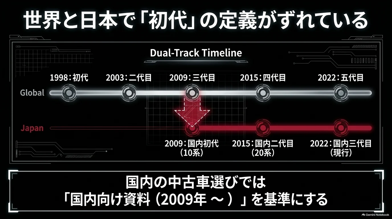 レクサスRXの世界市場1998年からの5世代と国内2009年・2015年・2022年の3世代を二本の年表で示す図