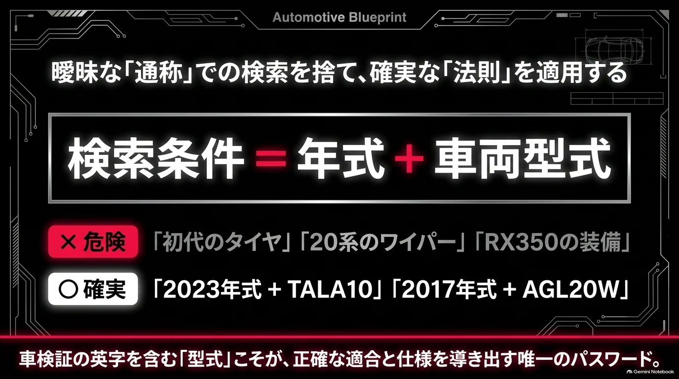 レクサスRXの用品や部品を探す際に初代や20系などの通称だけではなく、年式とTALA10やAGL20Wなどの車両型式で候補を絞る方法