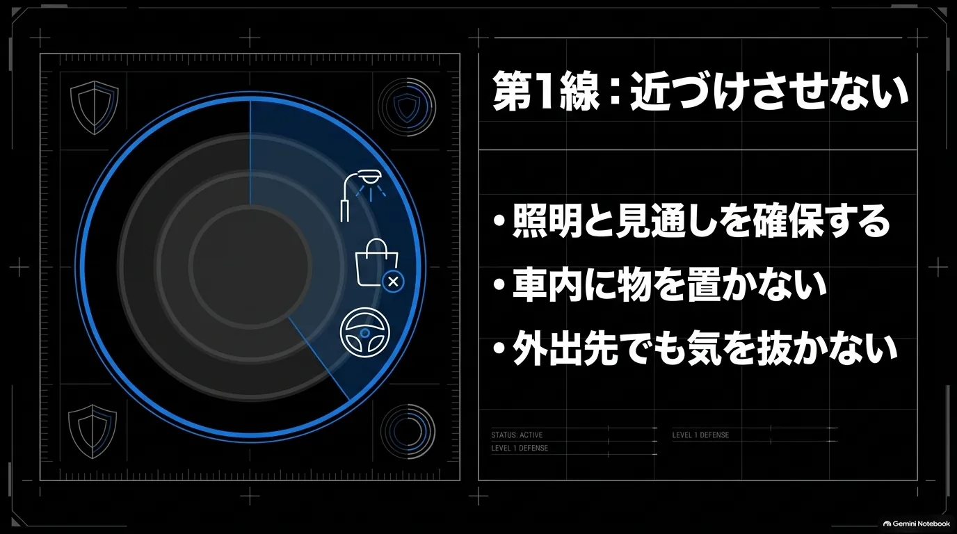レクサスRXの盗難防止で駐車場の照明と見通しを確保し、車内へ貴重品を置かず外出先でも警戒する対策を示す図