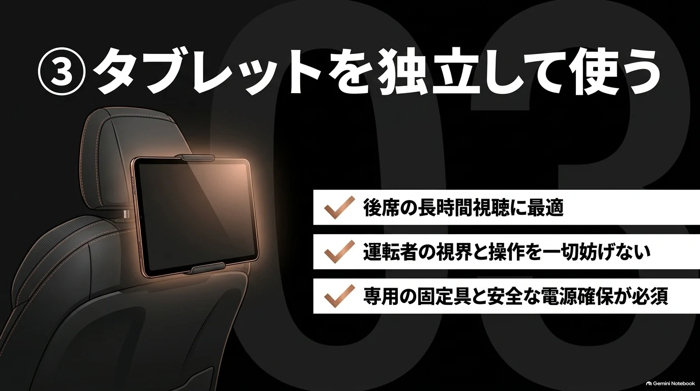 レクサスRXの後席で長時間の動画を見る場合に独立したタブレットと専用固定具を使用し、運転者の視界を妨げない配置を考える図