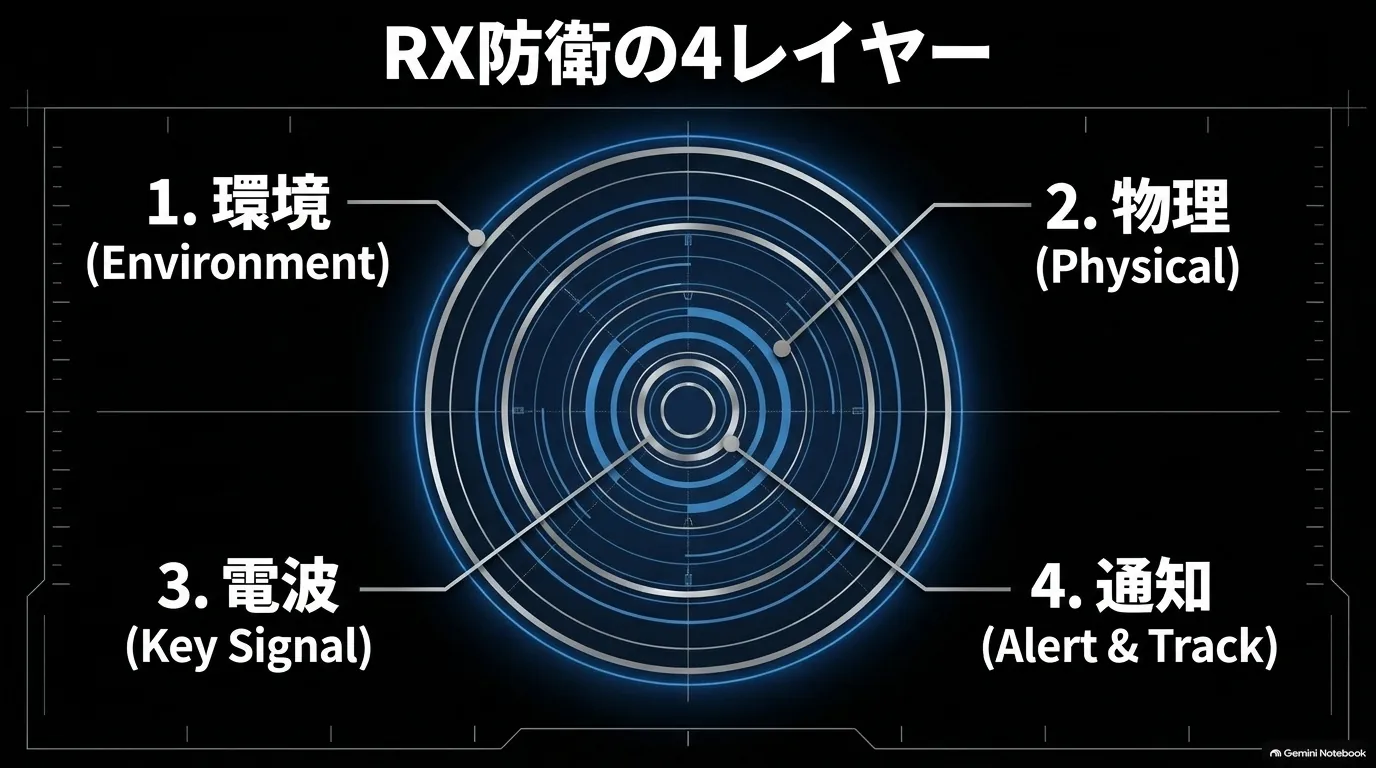 レクサスRXの防犯対策を駐車環境、物理ロック、スマートキー電波管理、異常通知と追跡の4層に分けた図