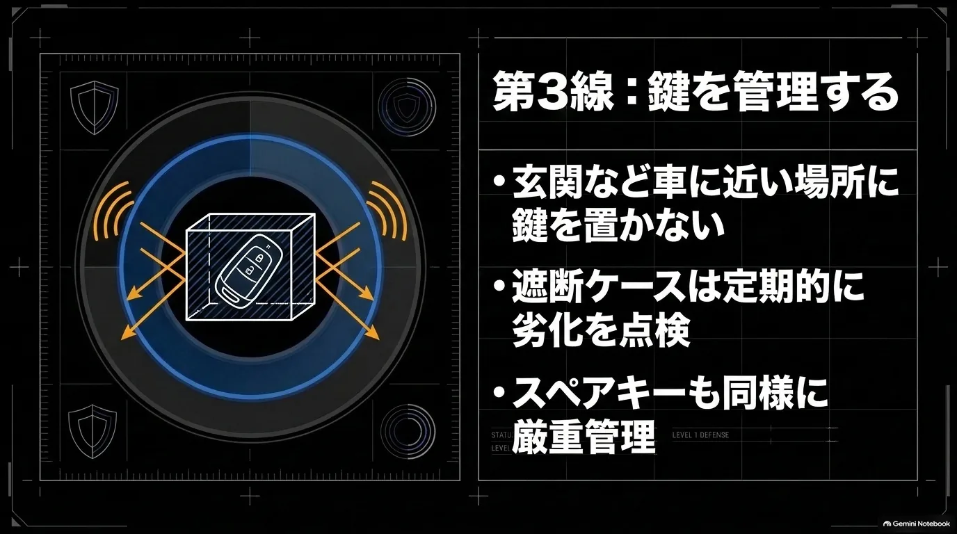 レクサスRXのスマートキーを車の近くに置かず、電波遮断ケースの状態とスペアキーの保管を定期的に確認する対策図