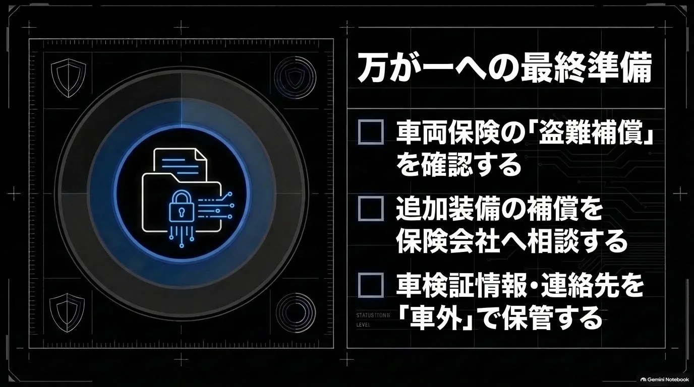 レクサスRXが盗難被害に遭った場合に備え、車両保険の盗難補償、追加装備の補償条件、車外で安全に管理する車両情報と連絡先を確認するチェックリスト