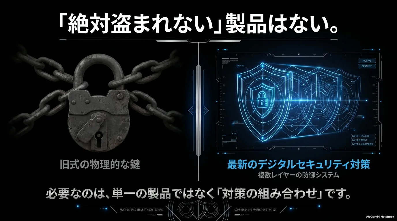 レクサスRXの盗難対策では物理的な防犯用品と電子的なセキュリティ対策を組み合わせる重要性を説明する図