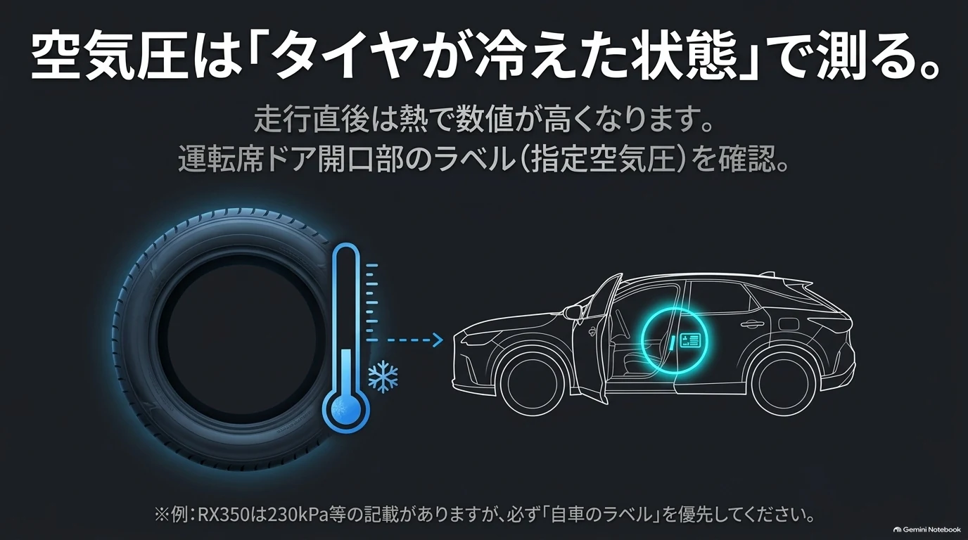 タイヤが冷えている状態で空気圧を測定し、運転席ドア付近の車両ラベルに記載されたレクサスRXの指定空気圧と照合する方法