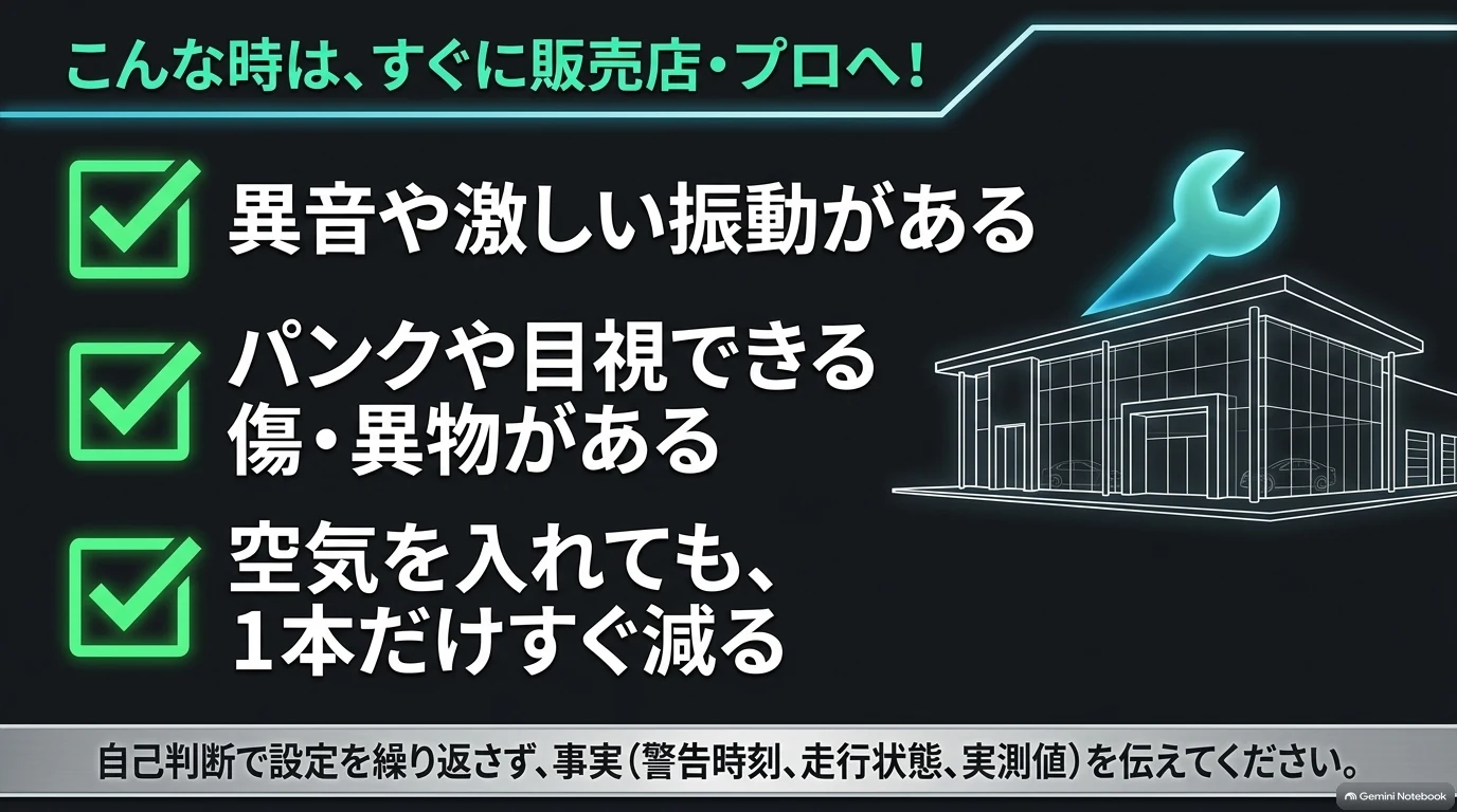 異音や振動、タイヤの傷や異物、補充後に1本だけ空気圧が下がるときはレクサス販売店や専門店へ相談することを示す図