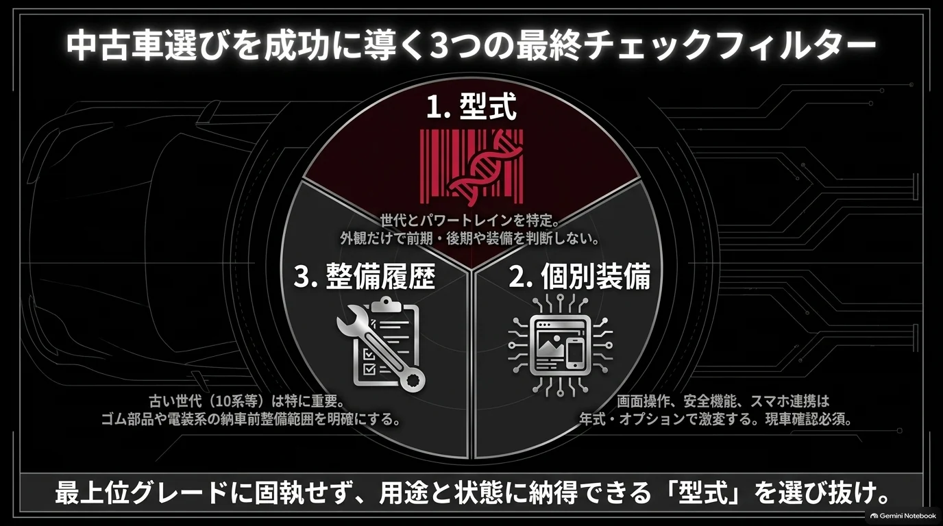 中古レクサスRXの購入前に車両型式、個別の安全装備やスマートフォン連携、整備履歴の3項目を確認するチェック図
