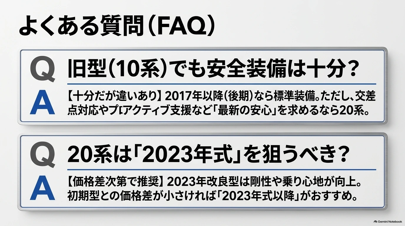 レクサスNXの10系でも安全装備は十分か、20系の2023年式を狙うべきかという2つの質問と、資料に記載された回答を示すFAQ。