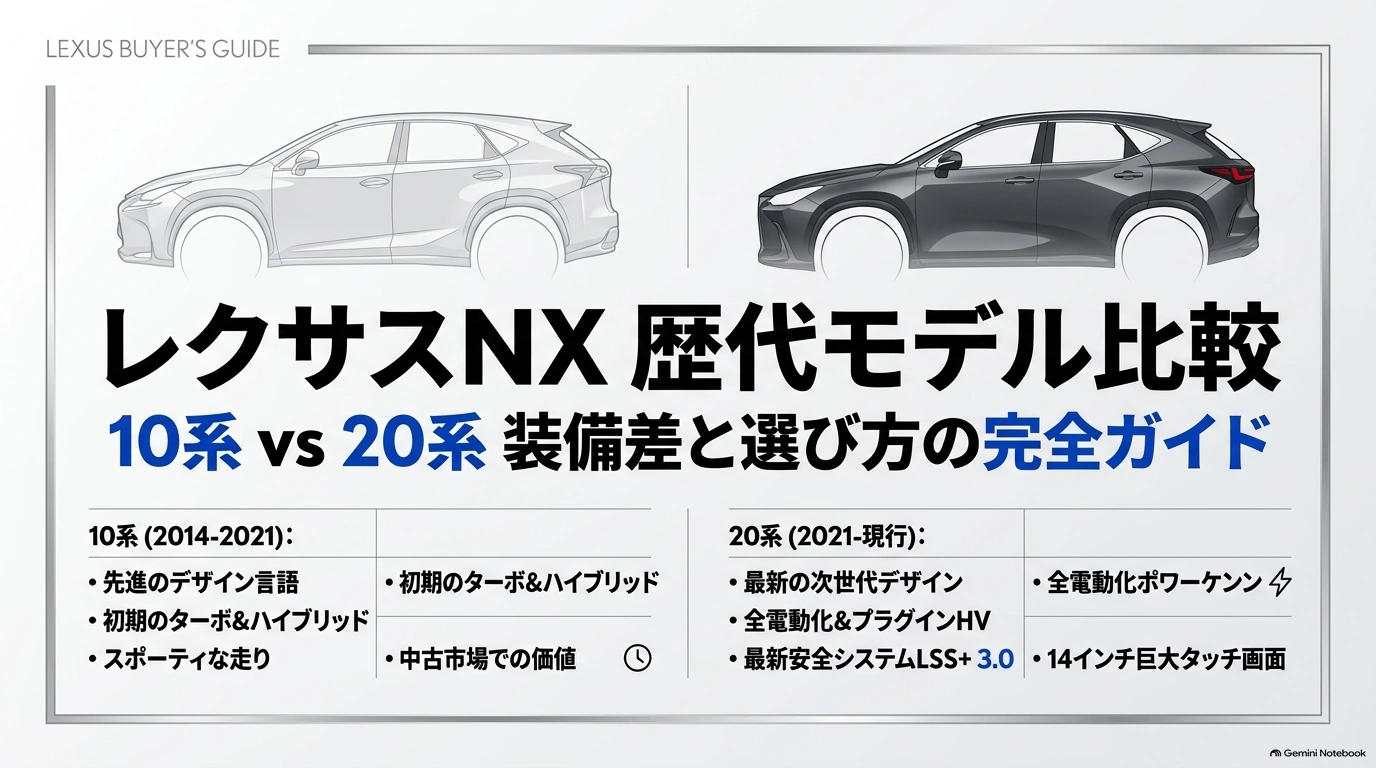 レクサスNXの10系と20系を並べ、デザイン、パワートレーン、安全装備、ディスプレイなどの違いをまとめた比較ガイドの表紙