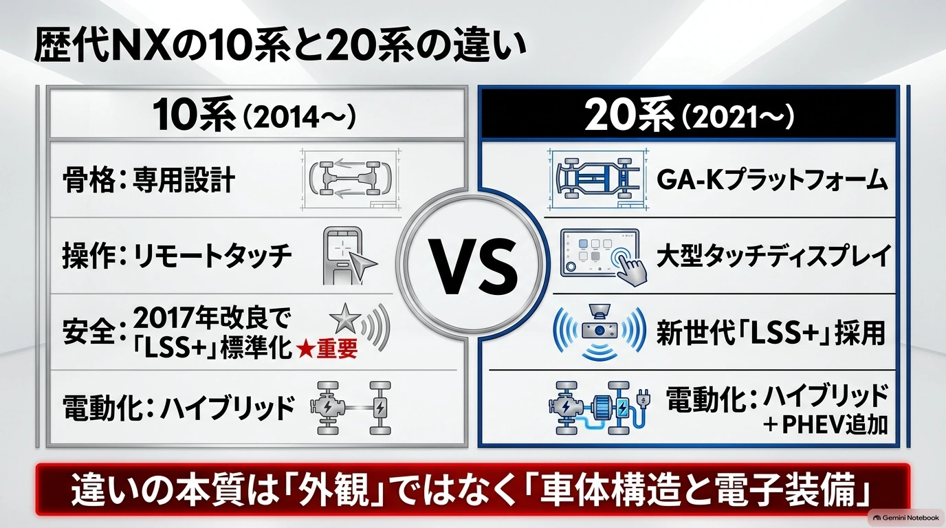 レクサスNXの10系と20系について、プラットフォーム、操作方法、安全装備、ハイブリッドとPHEVの設定を比較した図。