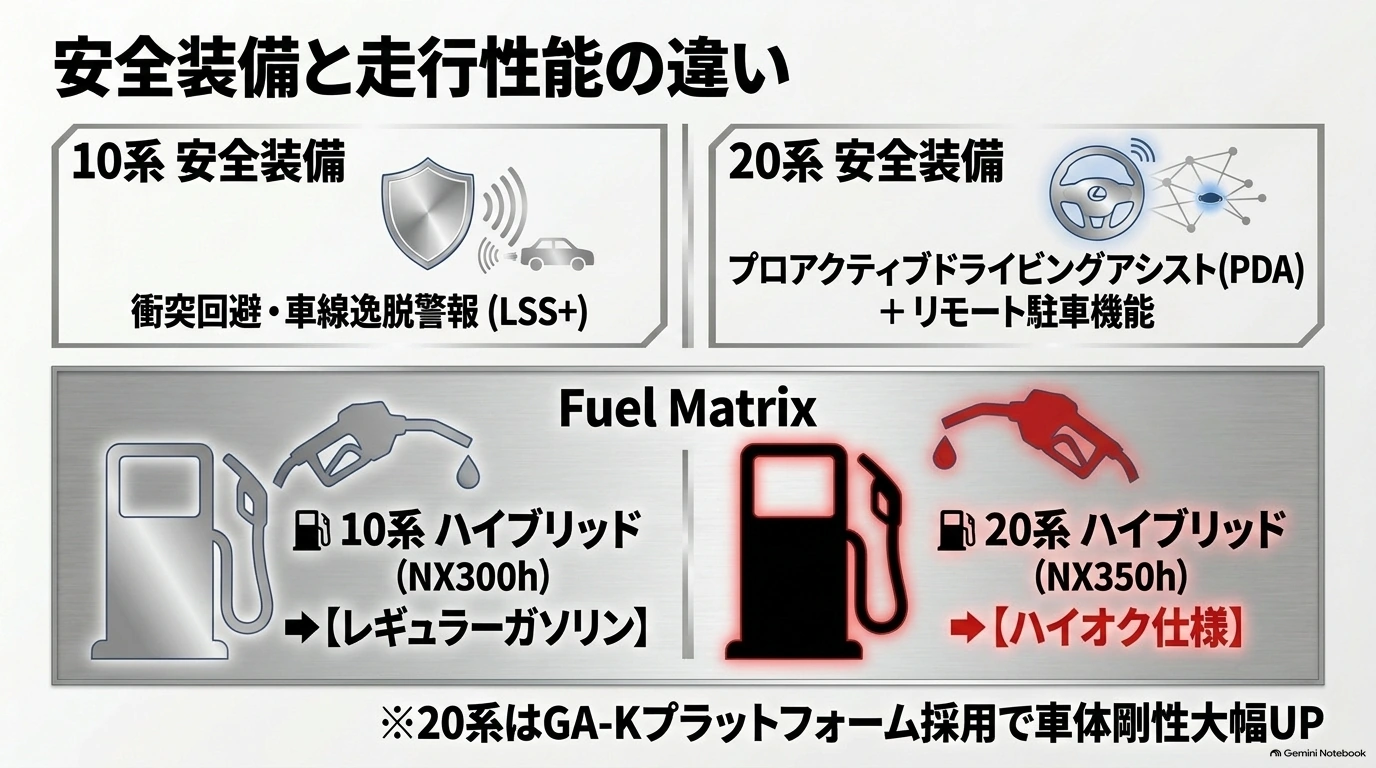 レクサスNXの10系と20系における安全運転支援、リモート駐車機能、ハイブリッド車の燃料仕様について資料上の比較を示すスライド。