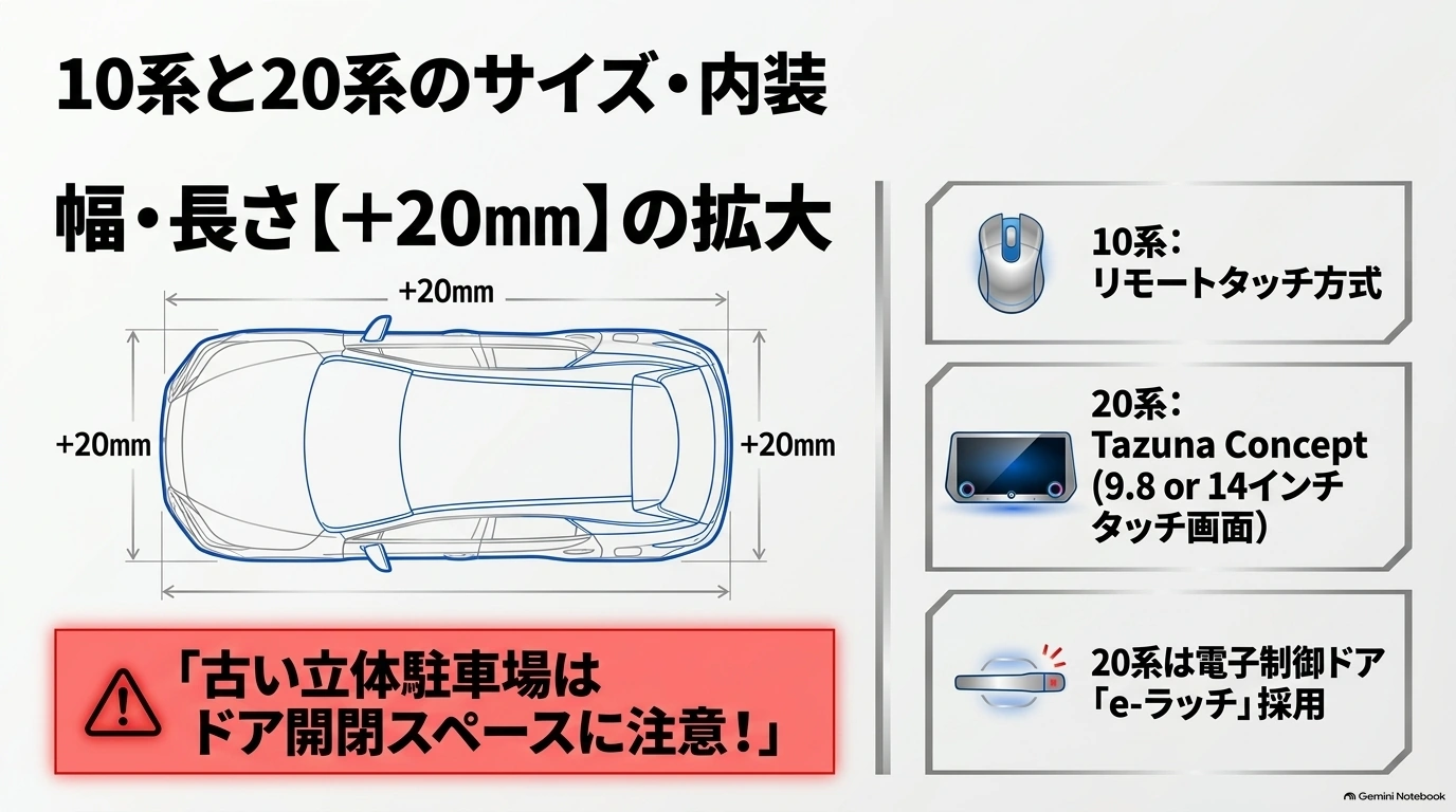 レクサスNXの10系と20系のボディサイズを比較し、20系の全長・全幅が各20mm拡大したことや、タッチ画面とeラッチを紹介する図