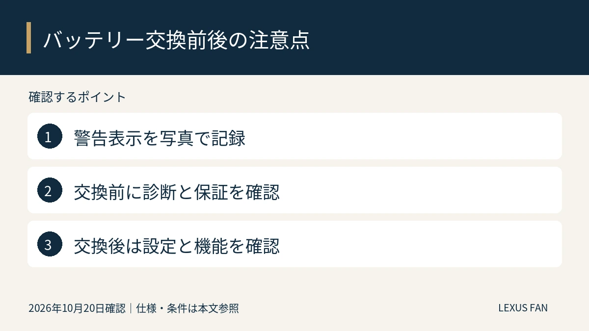 警告表示を写真で記録。交換前に診断と保証を確認。交換後は設定と機能を確認